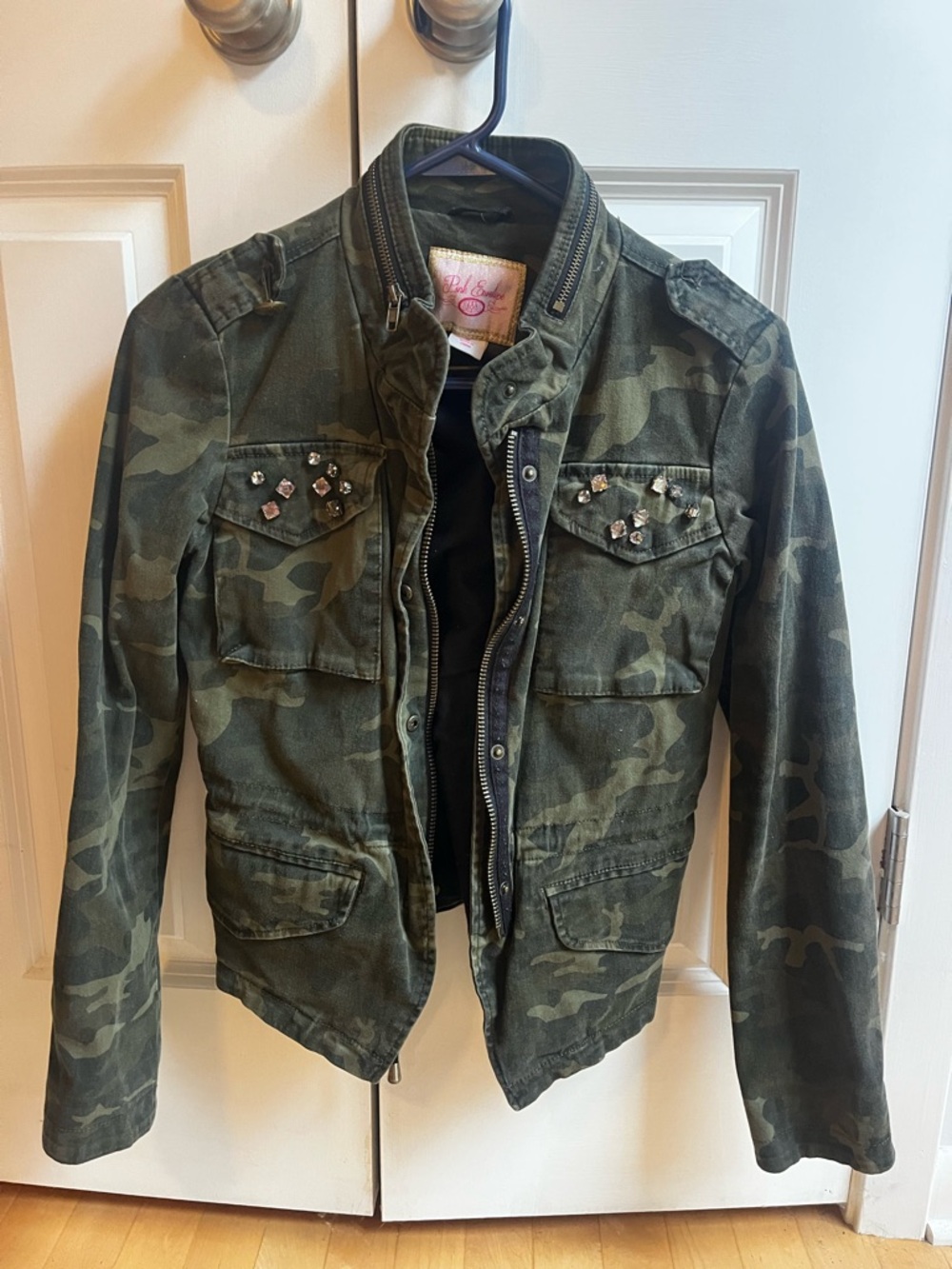 Pink Envelope Olive Green Camo Military Jacket with Gem Accents